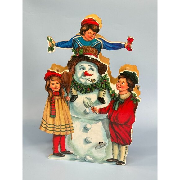 Vintage Wood Animated Musical Christmas Decoration With Snowman & Children - Picture 4 of 9